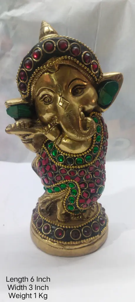 Statue Of Lord Ganesha Shows Indian Tradition Made Up Of Pure Brass And Have A weight Of 1000 Gram Have Stone Work On It Home Decor Item.