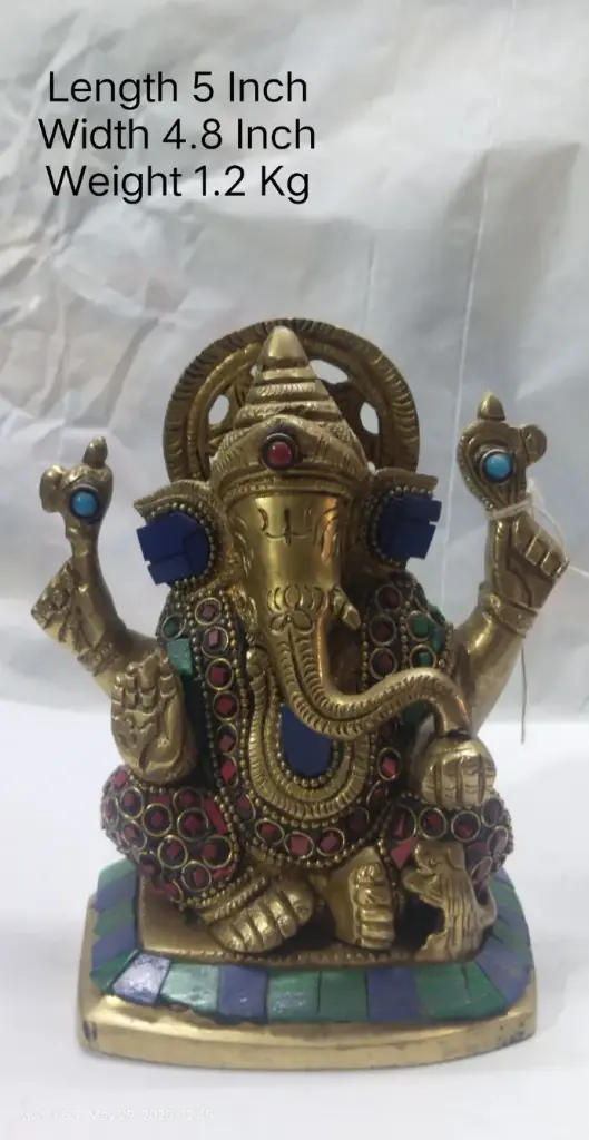 Statue Of Lord Ganesha Shows Indian Tradition Made Up Of Pure Brass And Have A weight Of 1200 Gram Have Stone Work On It. A Home Decor Item.