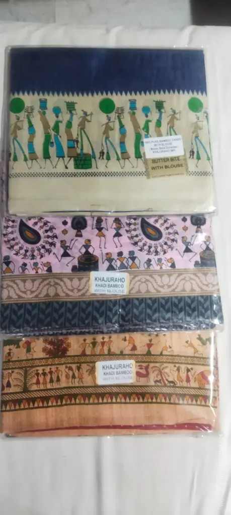 Khajuarho Khadi Bamboo Sari. Available In 3 Colours.