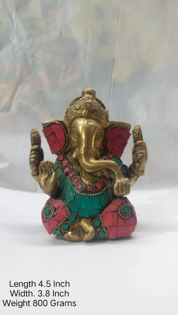 Statue Of Lord Ganesha Shows Indian Tradition Made Up Of Pure Brass And Have A weight Of 800 Gram Have Stone Work On It