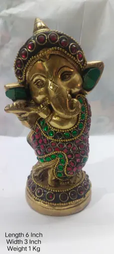 Statue Of Lord Ganesha Shows Indian Tradition Made Up Of Pure Brass And Have A weight Of 1000 Gram Have Stone Work On It Home Decor Item.