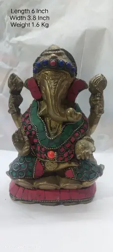 Statue Of Lord Ganesha Shows Indian Tradition Made Up Of Pure Brass And Have A weight Of 1600 Gram Have Stone Work On It. A Home Decor Item.