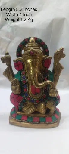 Statue Of Lord Ganesha Shows Indian Tradition Made Up Of Pure Brass And Have A weight Of 1200 Gram Have Stone Work On It. A Home Decor Item.