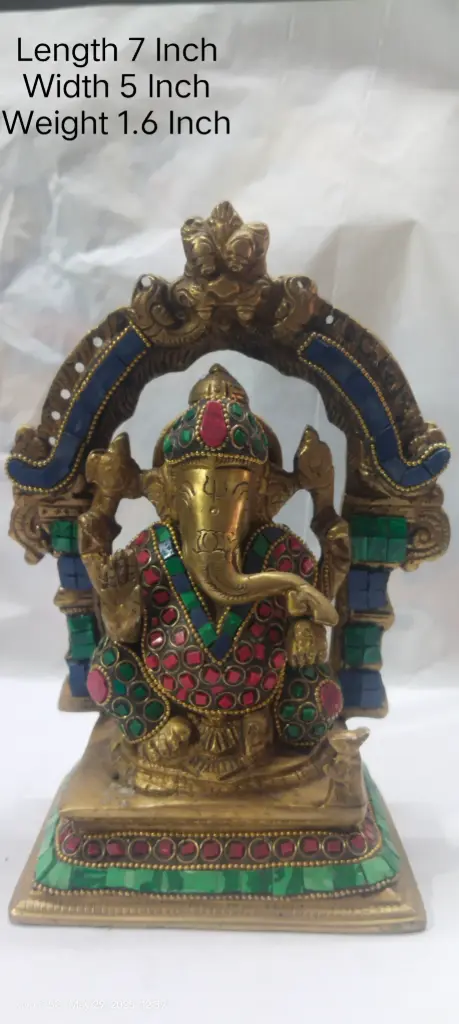 Statue Of Lord Ganesha Shows Indian Tradition Made Up Of Pure Brass And Have A weight Of 1600 Gram Have Stone Work On It. A Home Decor Item.