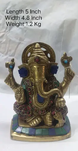 Statue Of Lord Ganesha Shows Indian Tradition Made Up Of Pure Brass And Have A weight Of 1200 Gram Have Stone Work On It. A Home Decor Item.