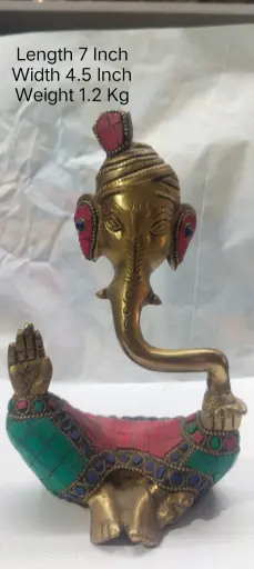 Statue Of Lord Ganesha Shows Indian Tradition Made Up Of Pure Brass And Have A weight Of 1200 Gram Have Stone Work On It. A Home Decor Item.