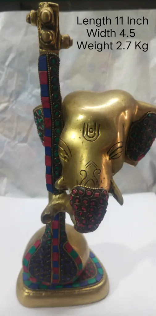 Statue Of Lord Ganesha Shows Indian Tradition Made Up Of Pure Brass And Have A weight Of 2700 Gram Have Stone Work On It. A Home Decor Item.